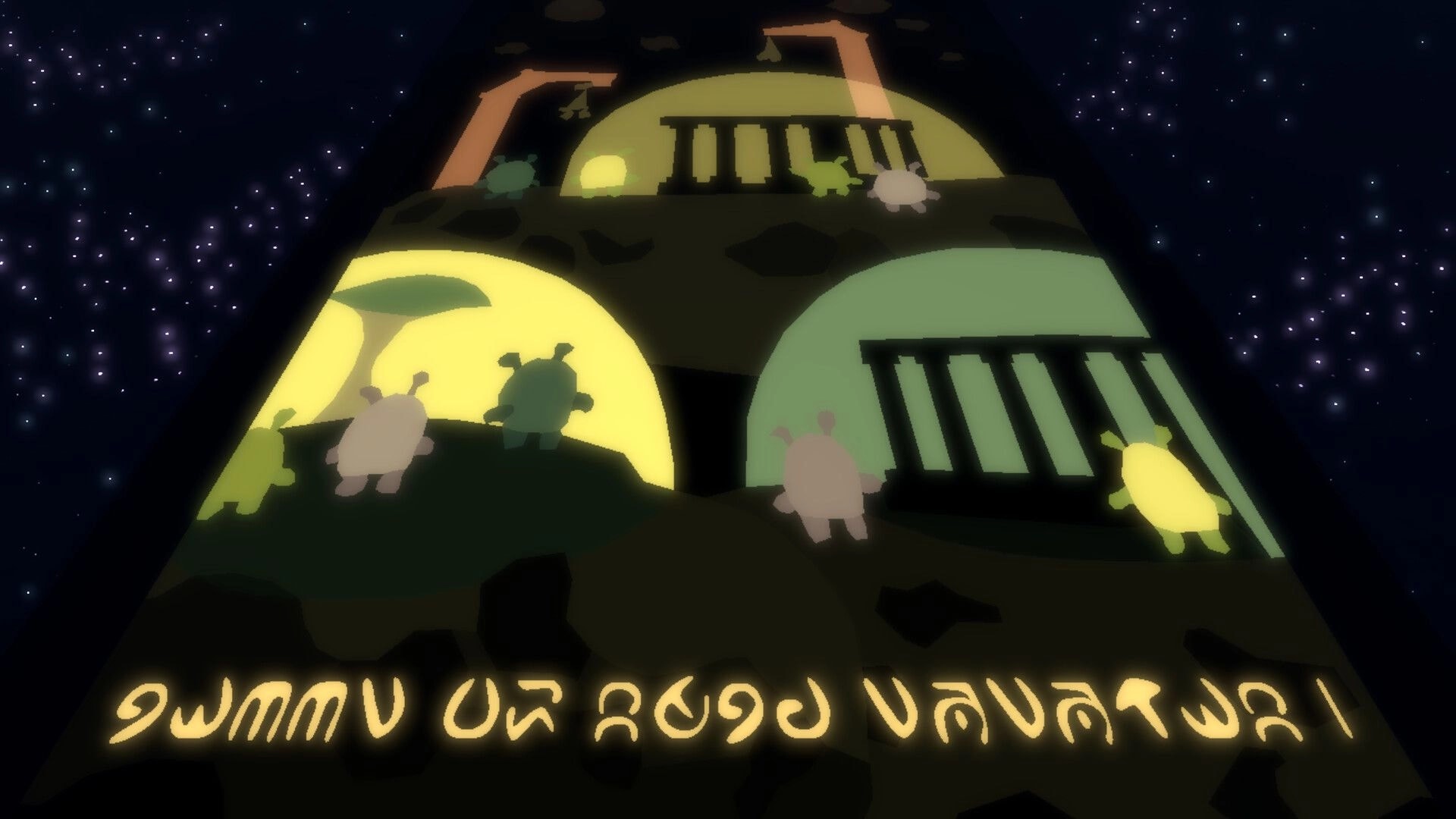 Pikku Adventure: Cute alien creatures climb a glowing tower with runes against a starry sky backdrop.