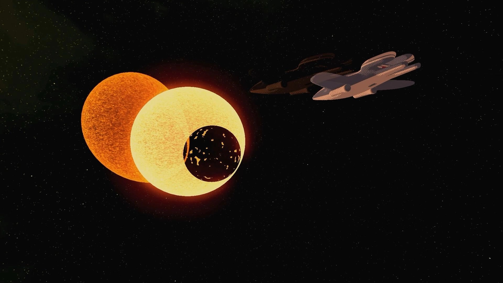 Pikku Adventure: Spaceship glides past two suns and a dark planet in a star-filled space scene.