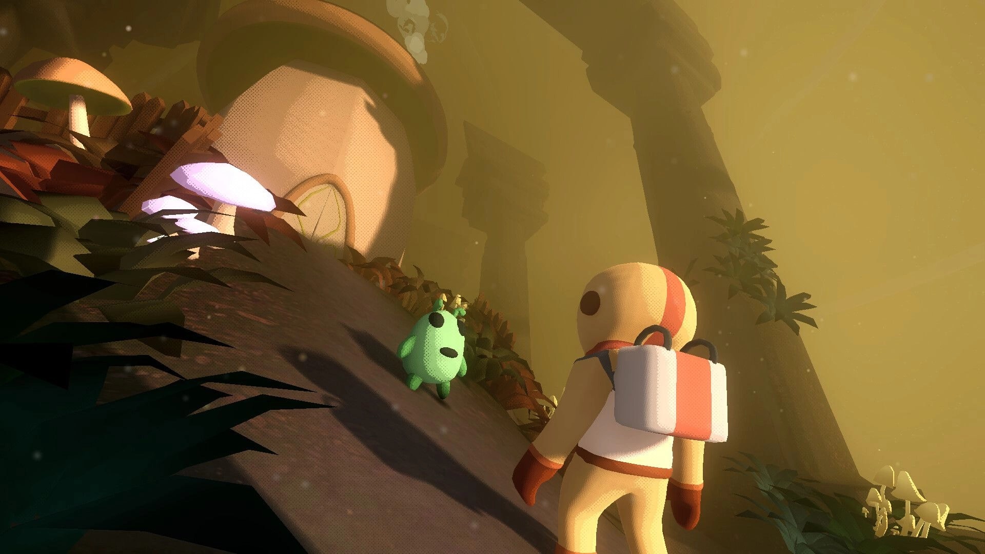 Pikku Adventure: Astronaut meets a small green alien on a misty hillside near a giant mushroom house.