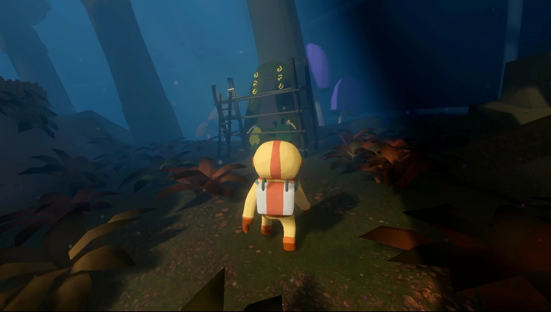 Pikku Adventure: Backpacker walks toward rune-marked stone and ladder in a misty alien forest path.