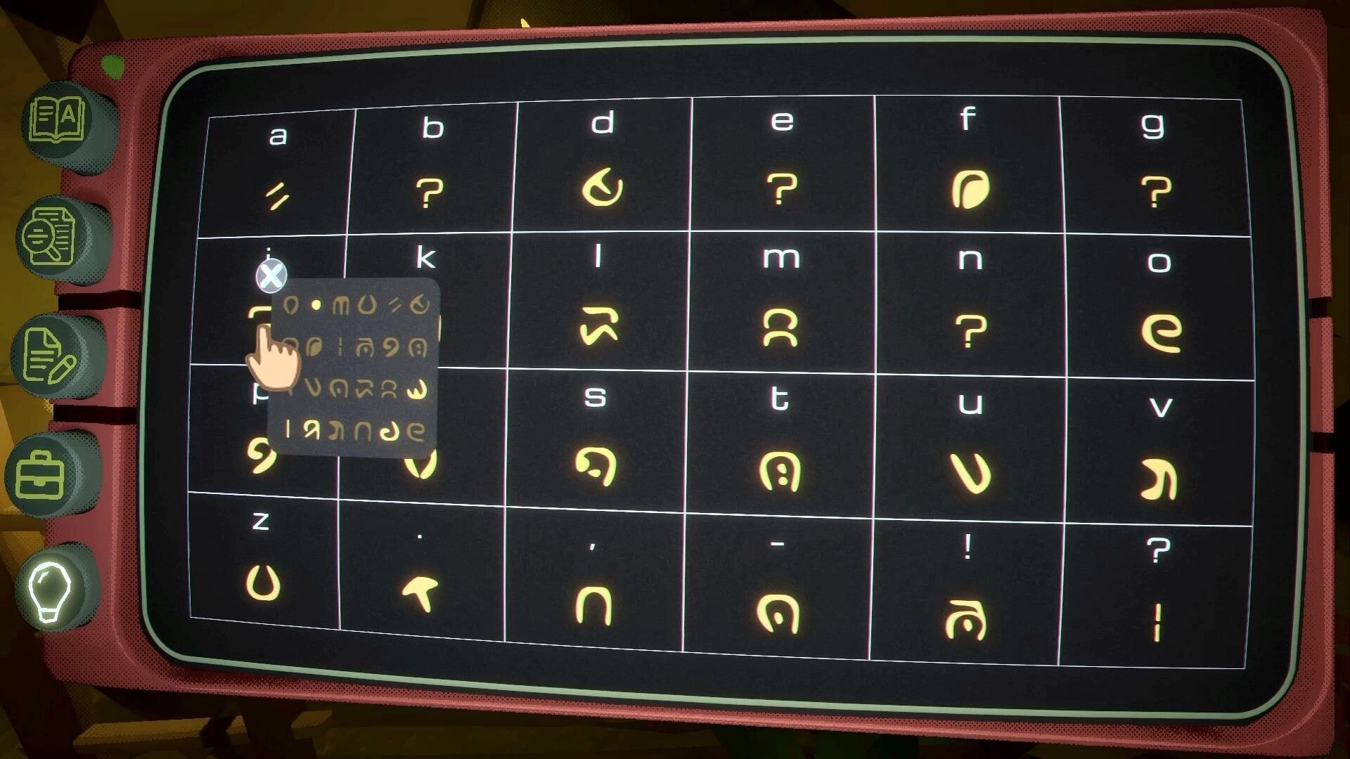 Pikku Adventure: Alien alphabet translation grid with cursor selecting symbols on a handheld tablet UI.