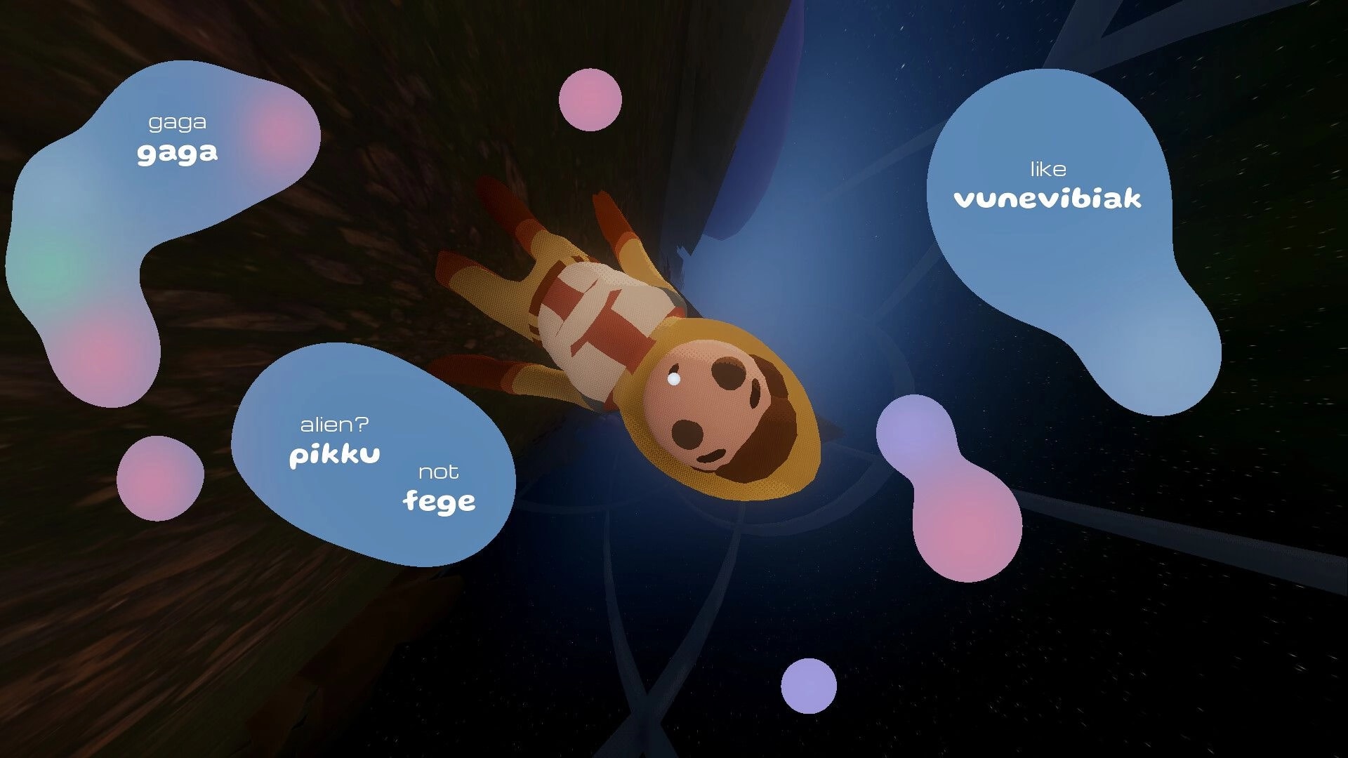 Pikku Adventure: Astronaut floats in space with word bubbles for language clues over starry void.