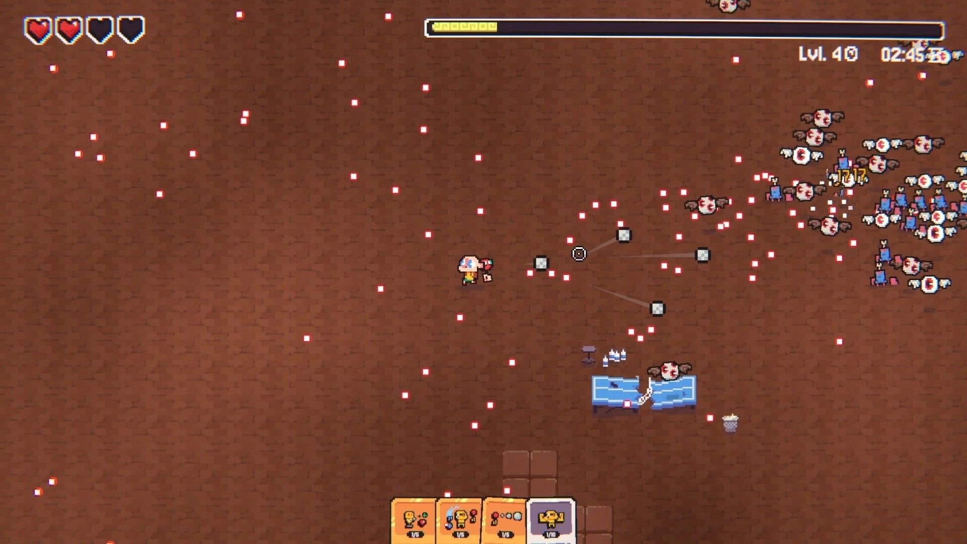 Ping&Pong: Player dodges red bullets and fights a swarm of flying foes on a brown arena with HUD.