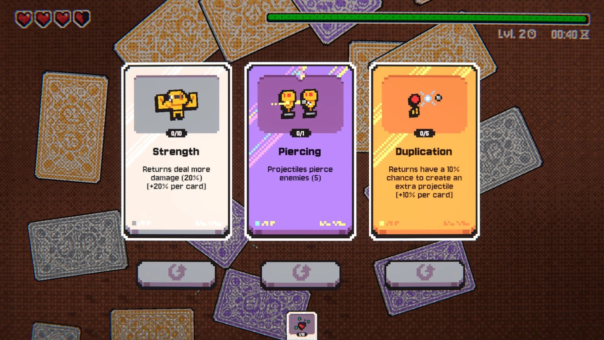 Ping&Pong: Upgrade card selection with Strength, Piercing, and Duplication on a tabletop UI screen.