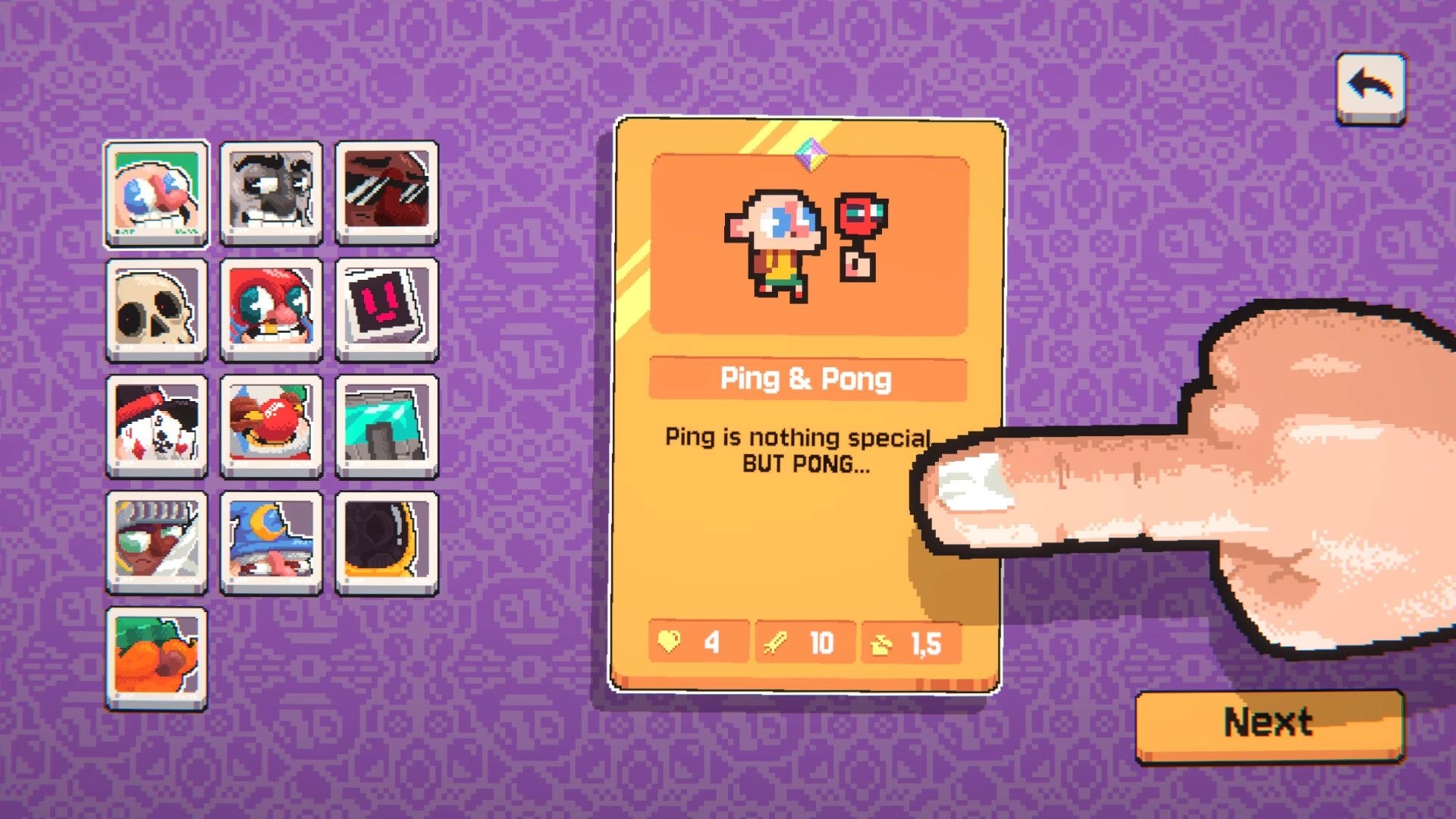 Ping&Pong: Card selection screen highlighting Ping & Pong card with stats, Next button on purple menu.