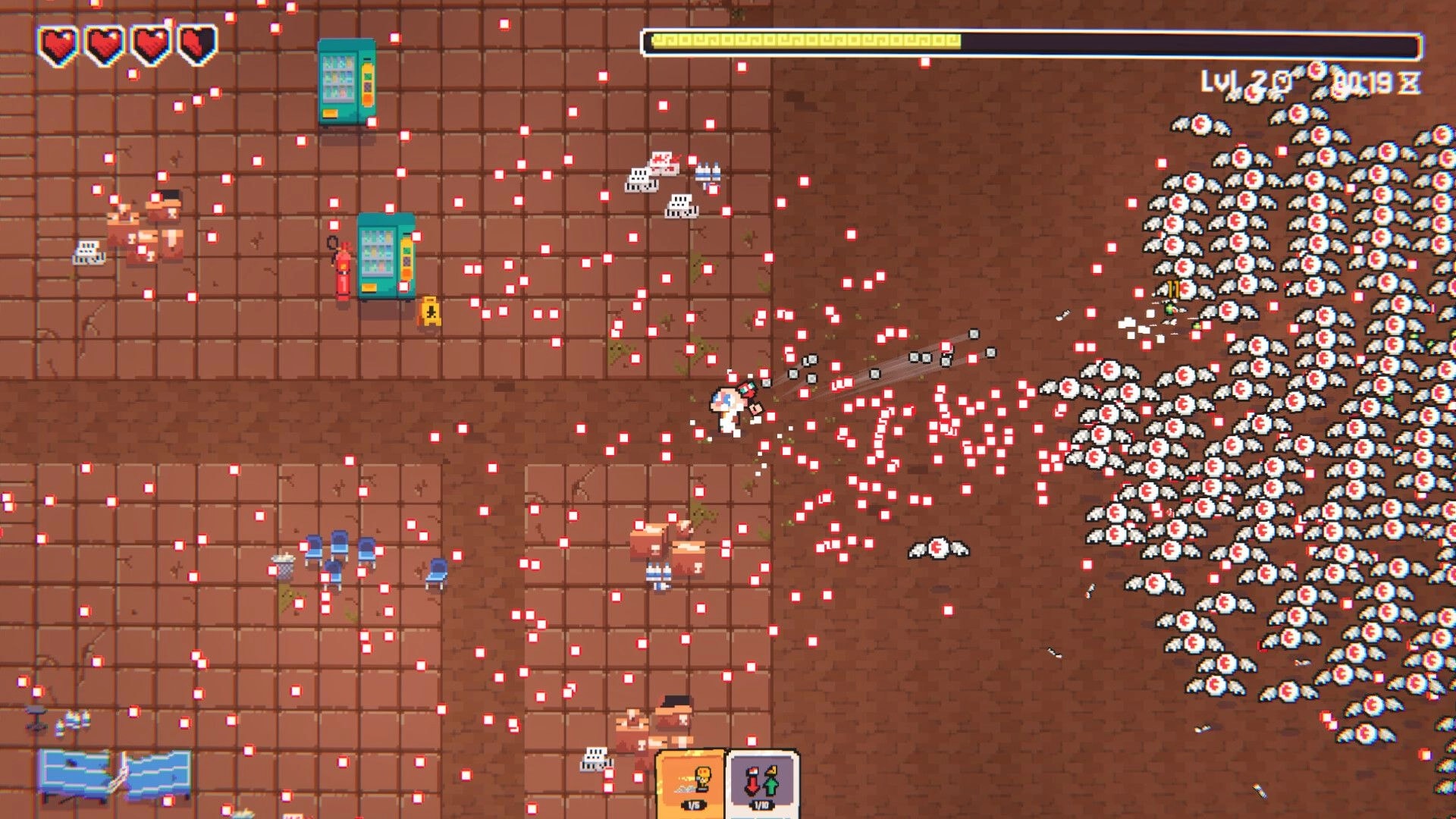 Ping&Pong: Player deflects red bullet swarm at huge bat horde in tiled plaza with hearts and XP bar UI.