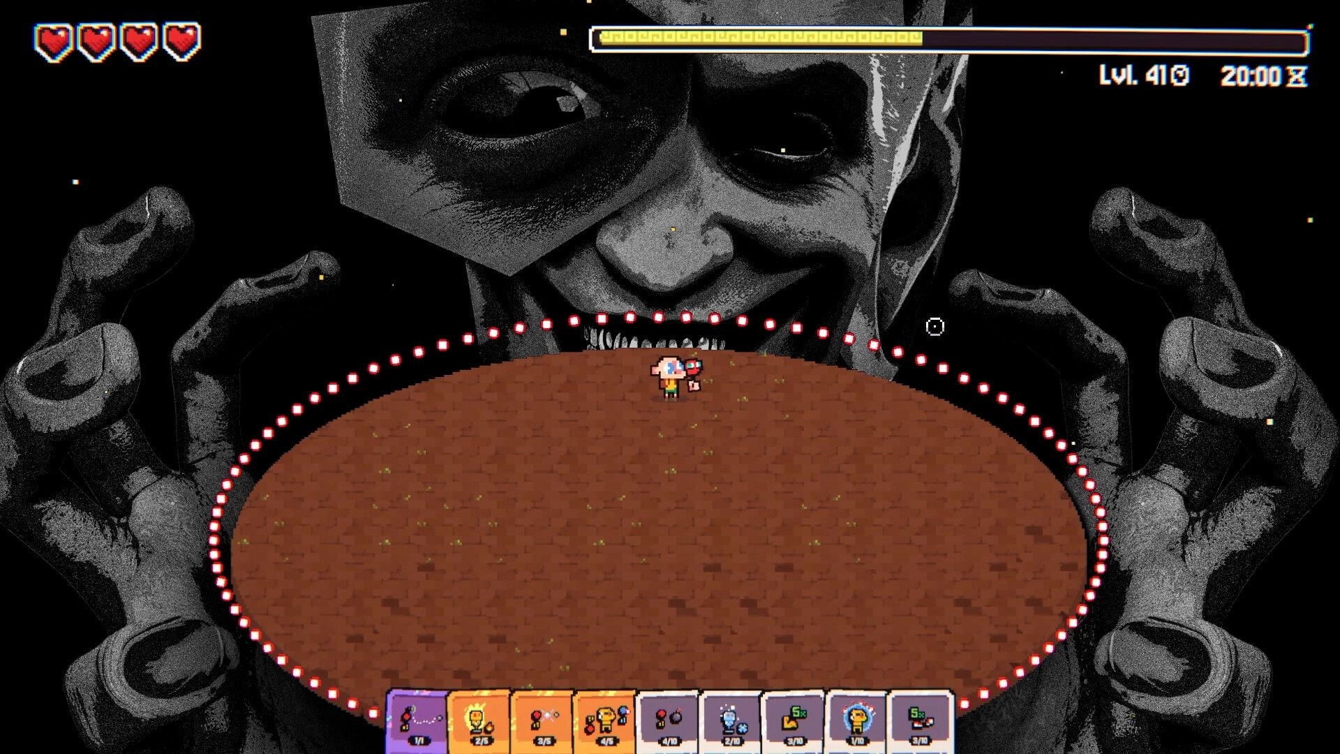 Ping&Pong: Tiny hero dodges a ring of red bullets on a round arena before a giant face backdrop.