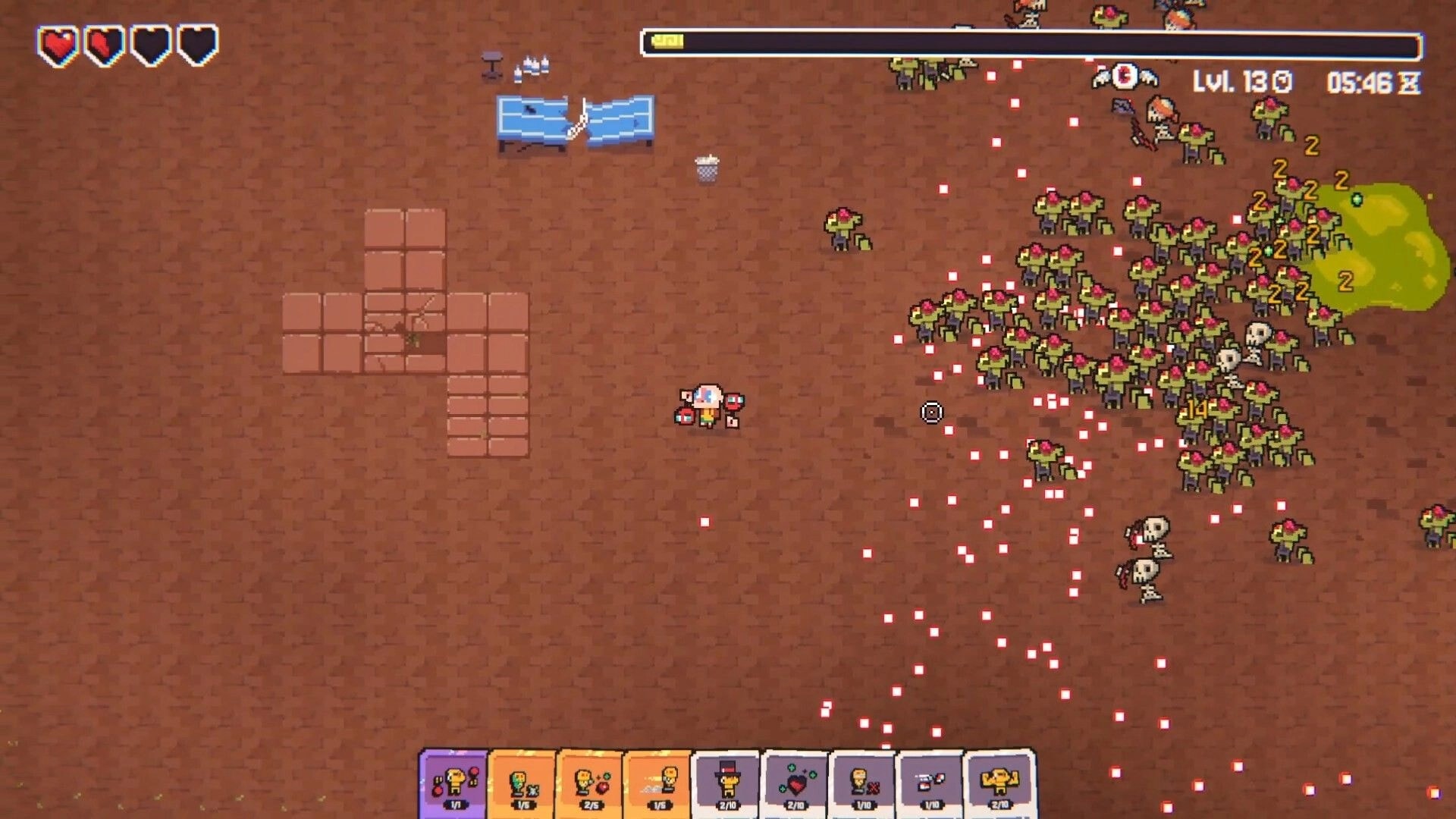 Ping&Pong: Player deflects red bullets at a swarm of mushroom foes on a dirt arena with card bar UI.