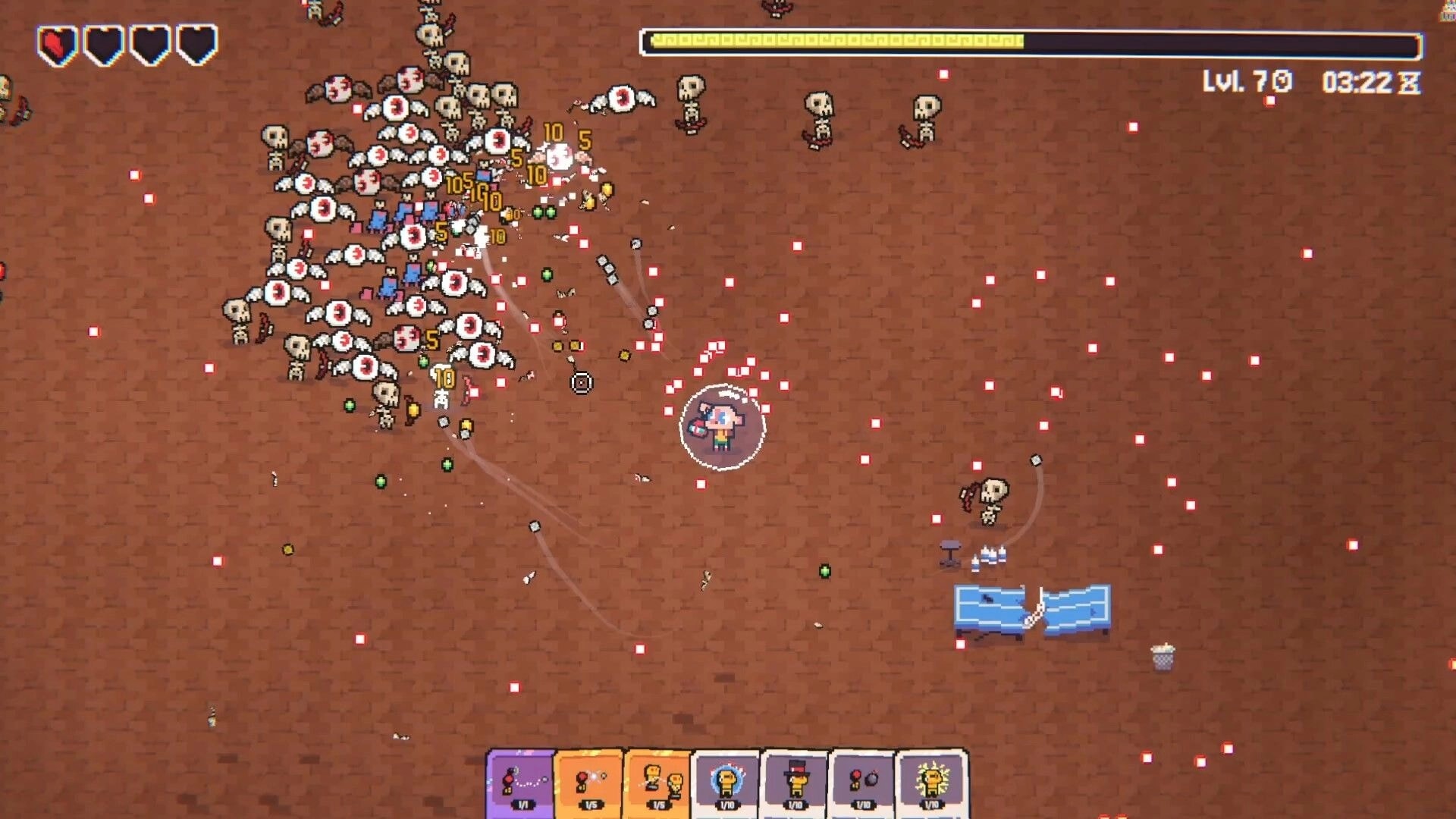 Ping&Pong: Player in shield bubble deflecting bullets at skeleton horde on brown arena with card bar UI.