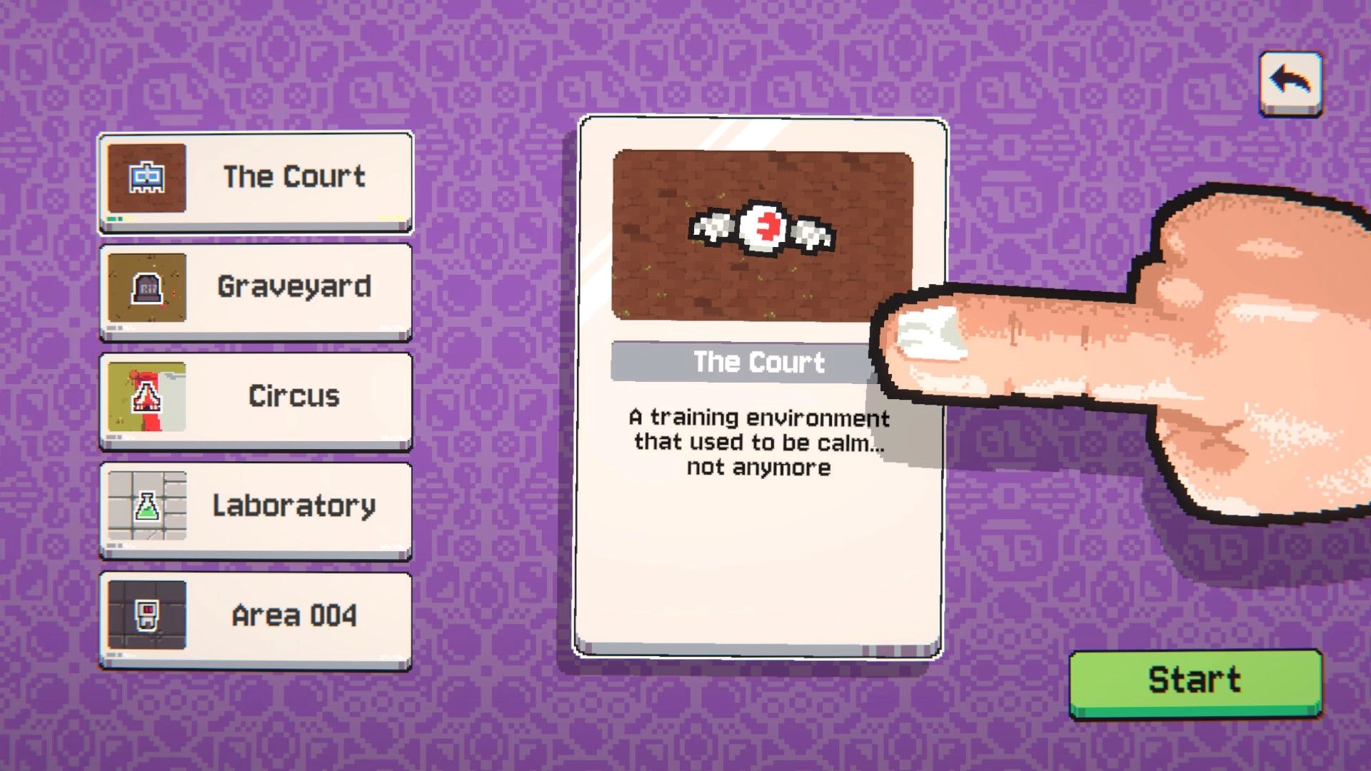 Ping&Pong: Level select menu with The Court card highlighted and Start button on purple patterned screen.