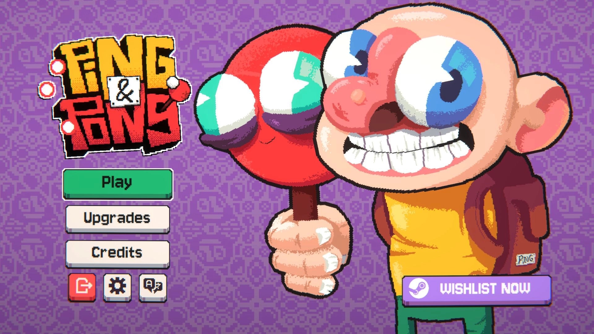 Ping&Pong: Main menu with Play, Upgrades, Credits buttons beside a big-eyed kid holding paddles on purple background.