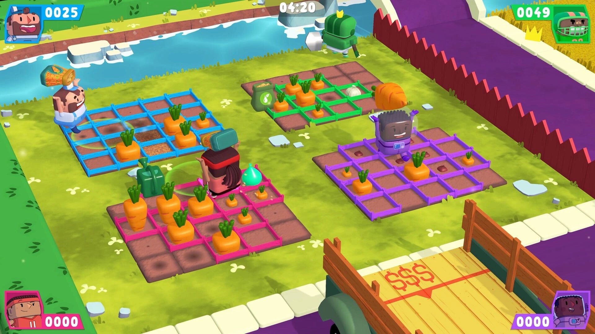 Planted!: Four players tending carrot plots by a river, timer 04:20 and score counters on HUD.