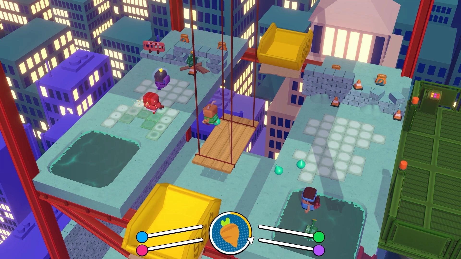 Planted!: Four players brawl on rooftop garden platforms with hanging lift and carrot ammo HUD.