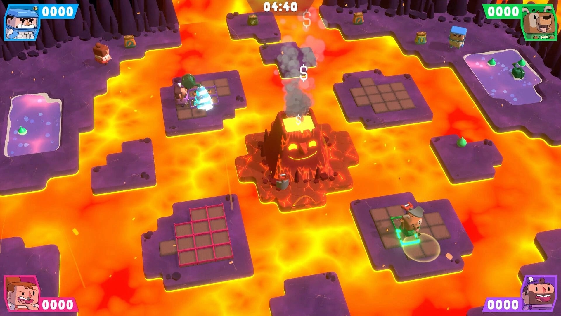Planted!: Four players on lava islands with garden plots, timer at 04:40 and scores at 0000.
