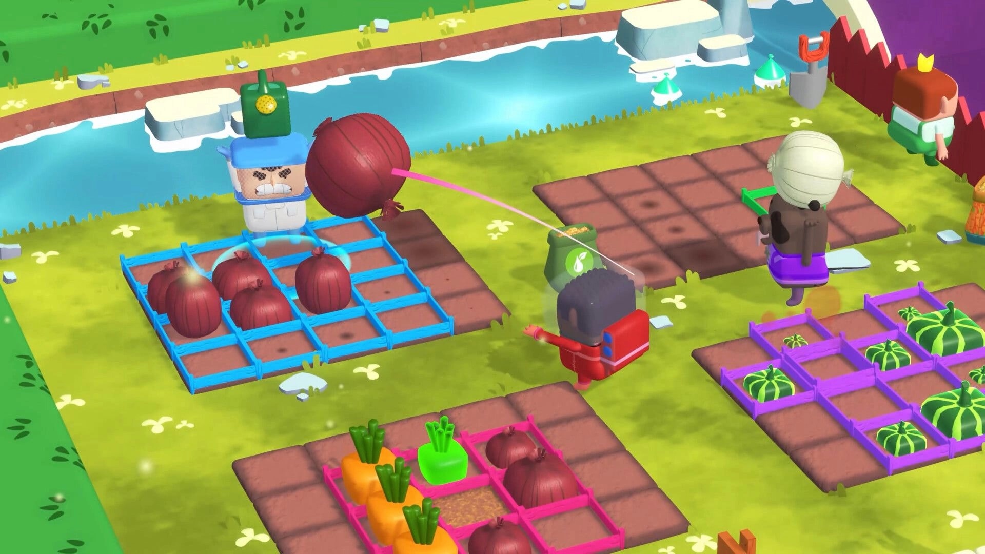 Planted!: Player lobs a giant onion at rivals on garden plots beside a river, crops in grids.