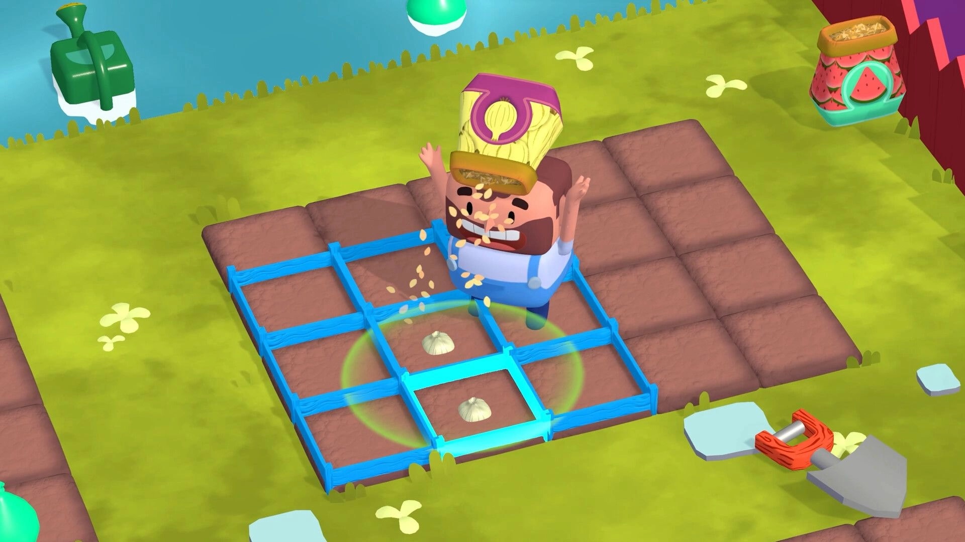Planted!: Player plants garlic in a blue grid garden bed as seeds fly, tools and jars nearby.