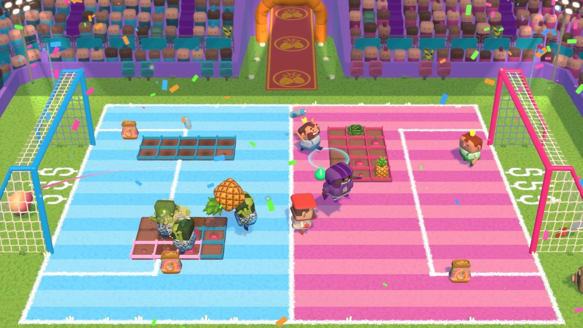 Planted!: Four players tend garden plots on a split arena court with goals, crowd stands, confetti.