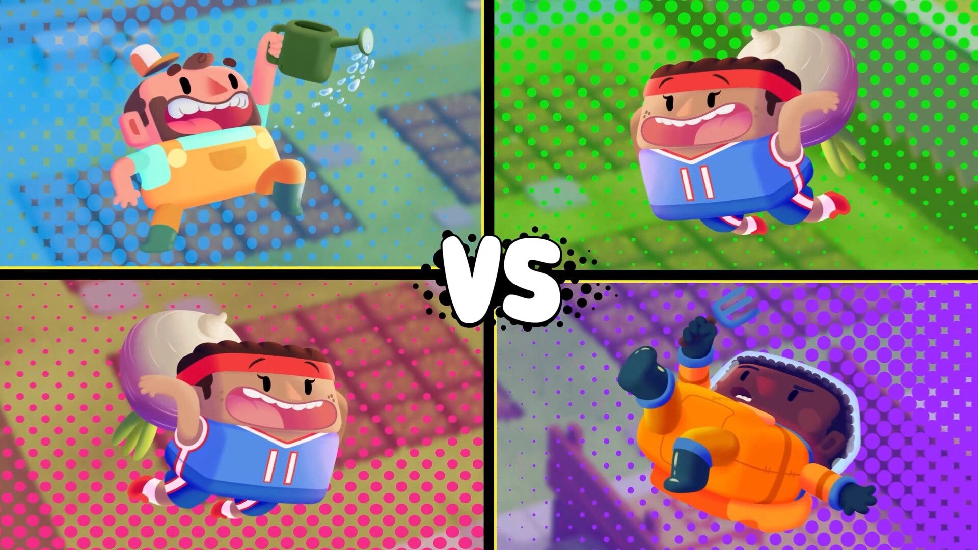 Planted!: Four-player versus screen with gardeners posing, split panels and big VS in center.