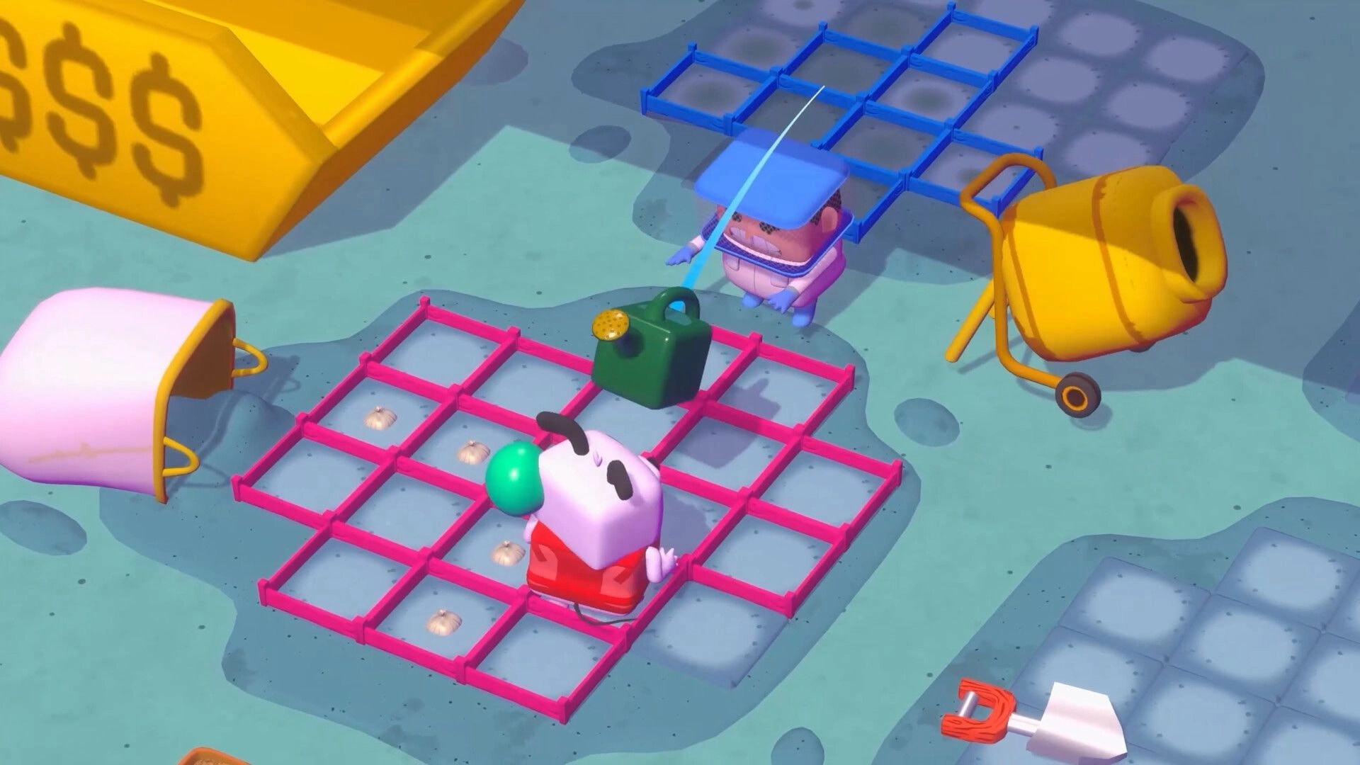 Planted!: Two players aim across pink and blue garden grids with watering can, tools, and cement mixer nearby.