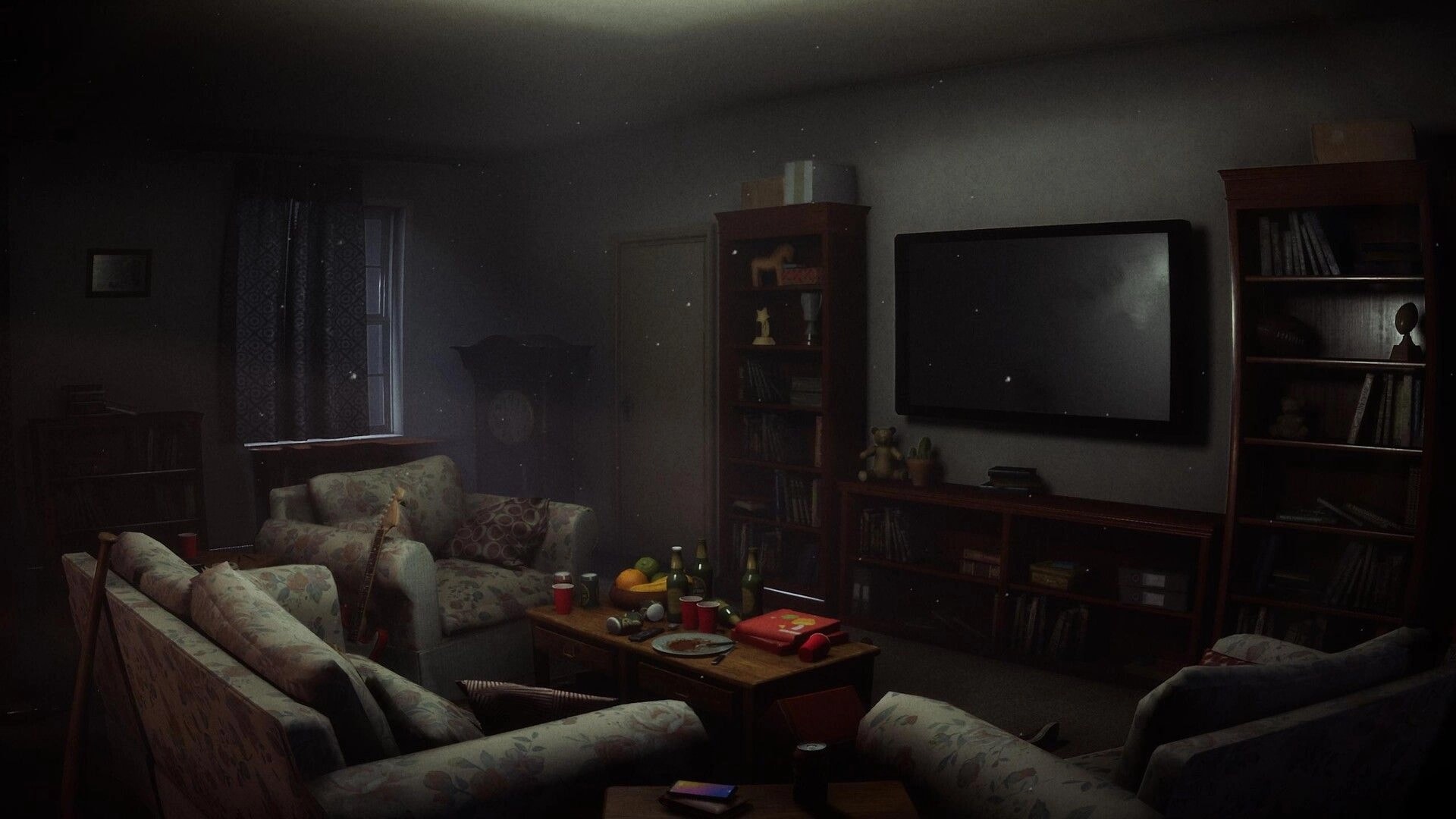 Psalm 2: Dusty living room with sofas and cluttered table, TV and bookshelves in dim light.