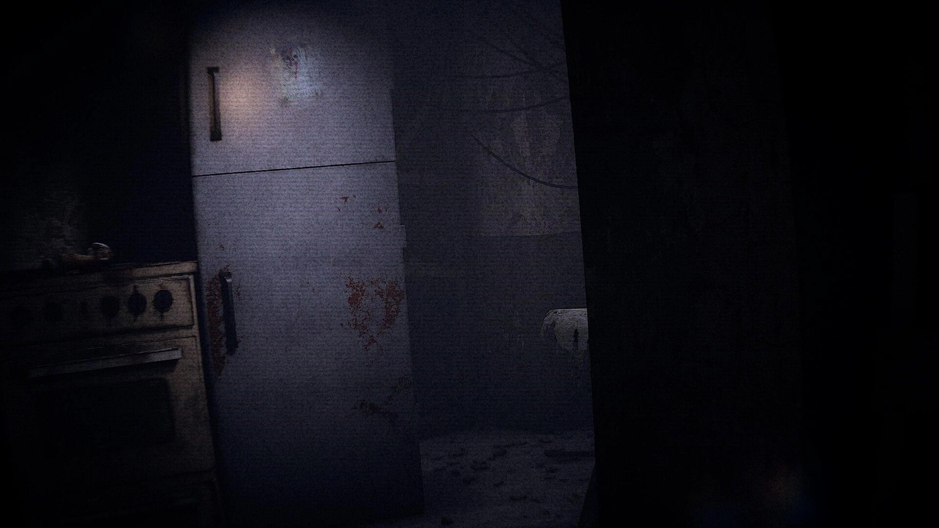 Psalm 2: First-person view of a blood-smeared refrigerator and stove in a dark, grimy kitchen.