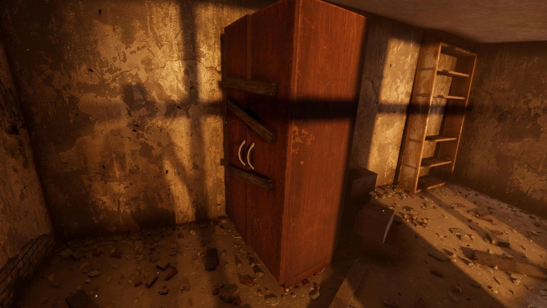 Psalm 2: First-person view of a boarded wardrobe and empty shelves in a dusty, crumbling room.
