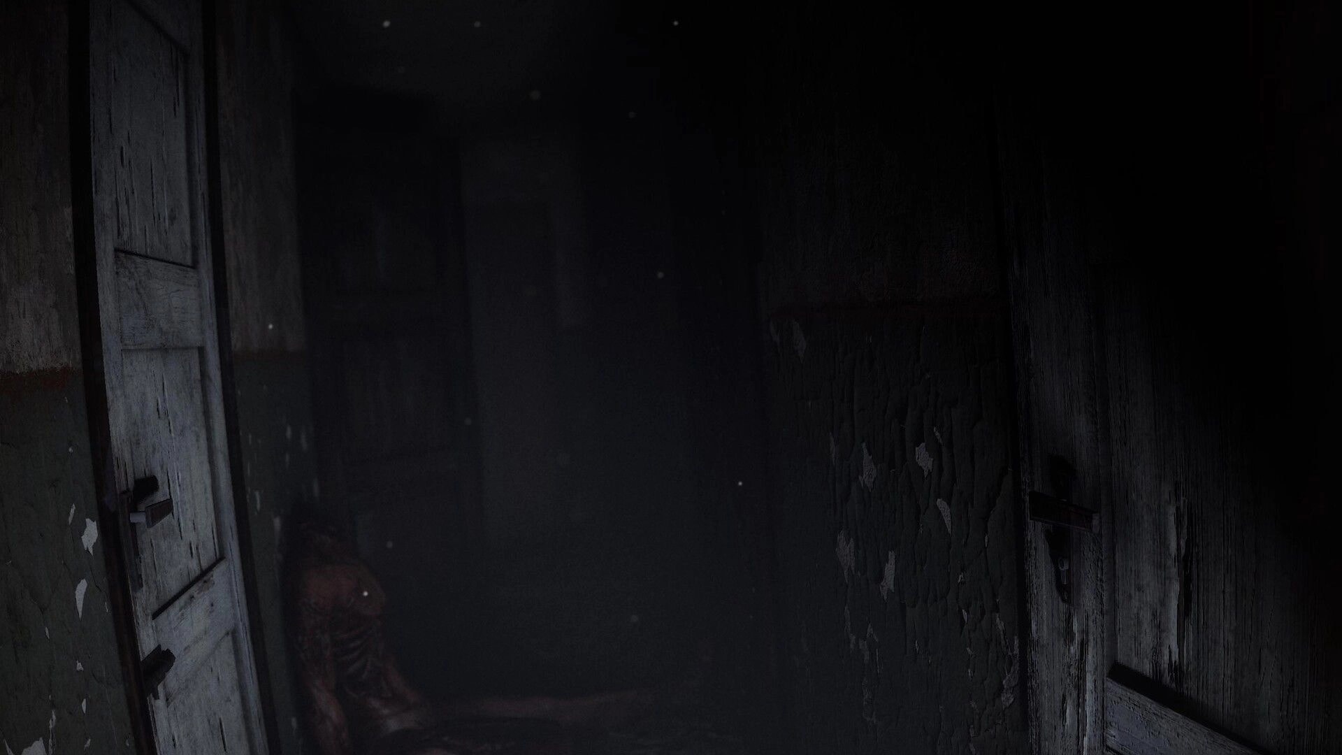 Psalm 2: First-person view down a dark hallway with cracked walls and two ajar wooden doors in fog.