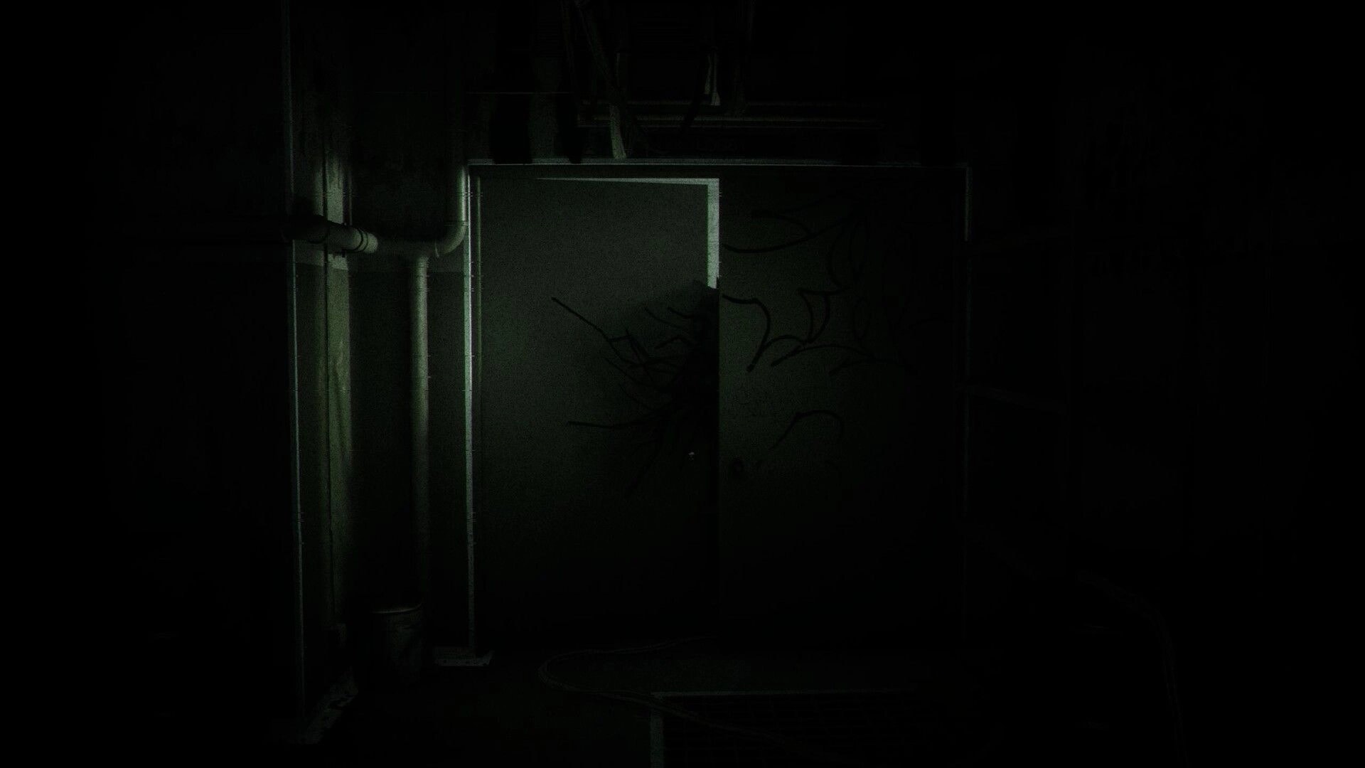 Psalm 2: Flashlight view of graffiti-marked metal door and pipes in a dark, cramped corridor.
