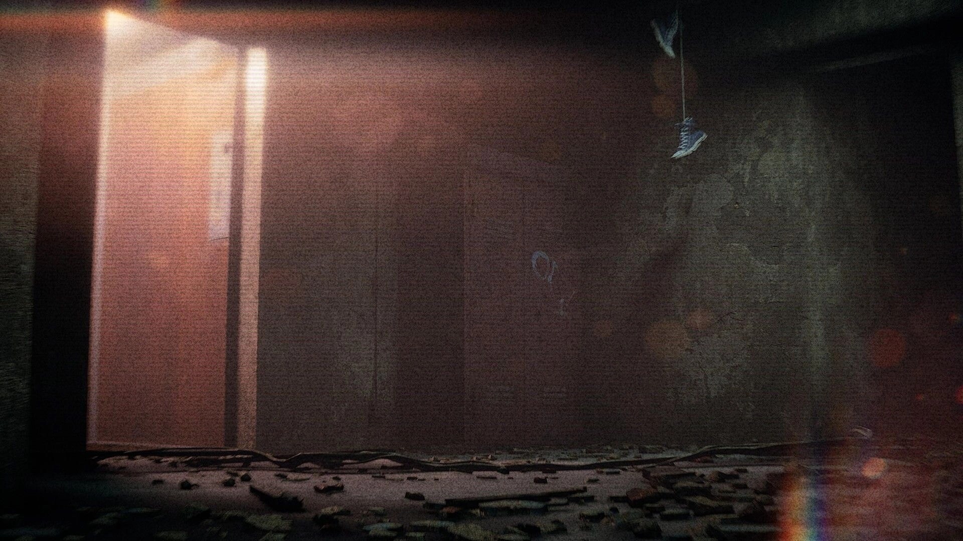 Psalm 2: Dim hallway with harsh light at doorway, dangling shoe above cracked floor and debris.