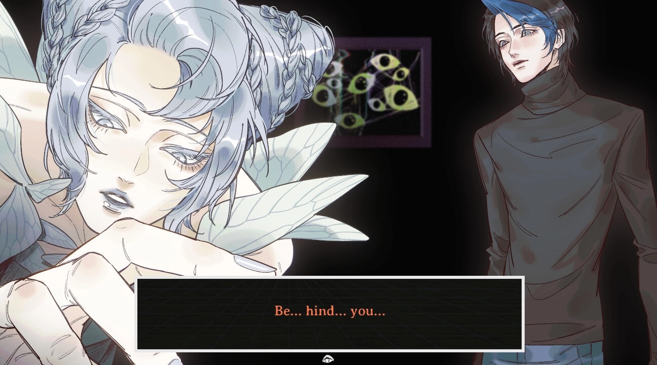 PSYCHExFUSE: Two characters in eerie dialogue with surreal background and cryptic text display