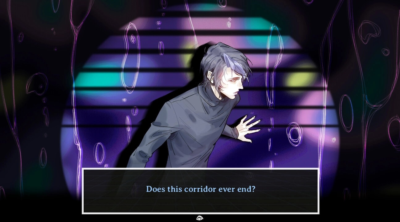 PSYCHExFUSE: Character navigates a mysterious, colorful corridor with glowing patterns and eerie ambiance.