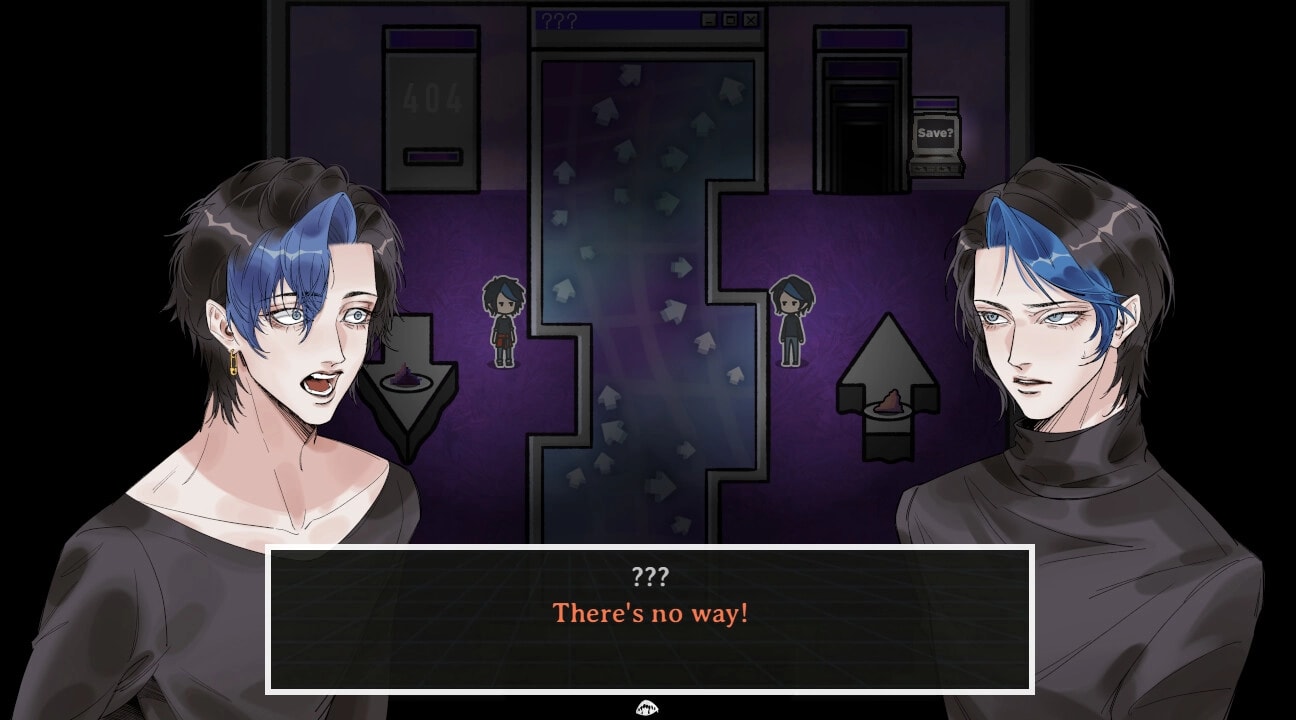 PSYCHExFUSE: Two characters converse in a dim corridor with mysterious symbols and a "Save?" icon.