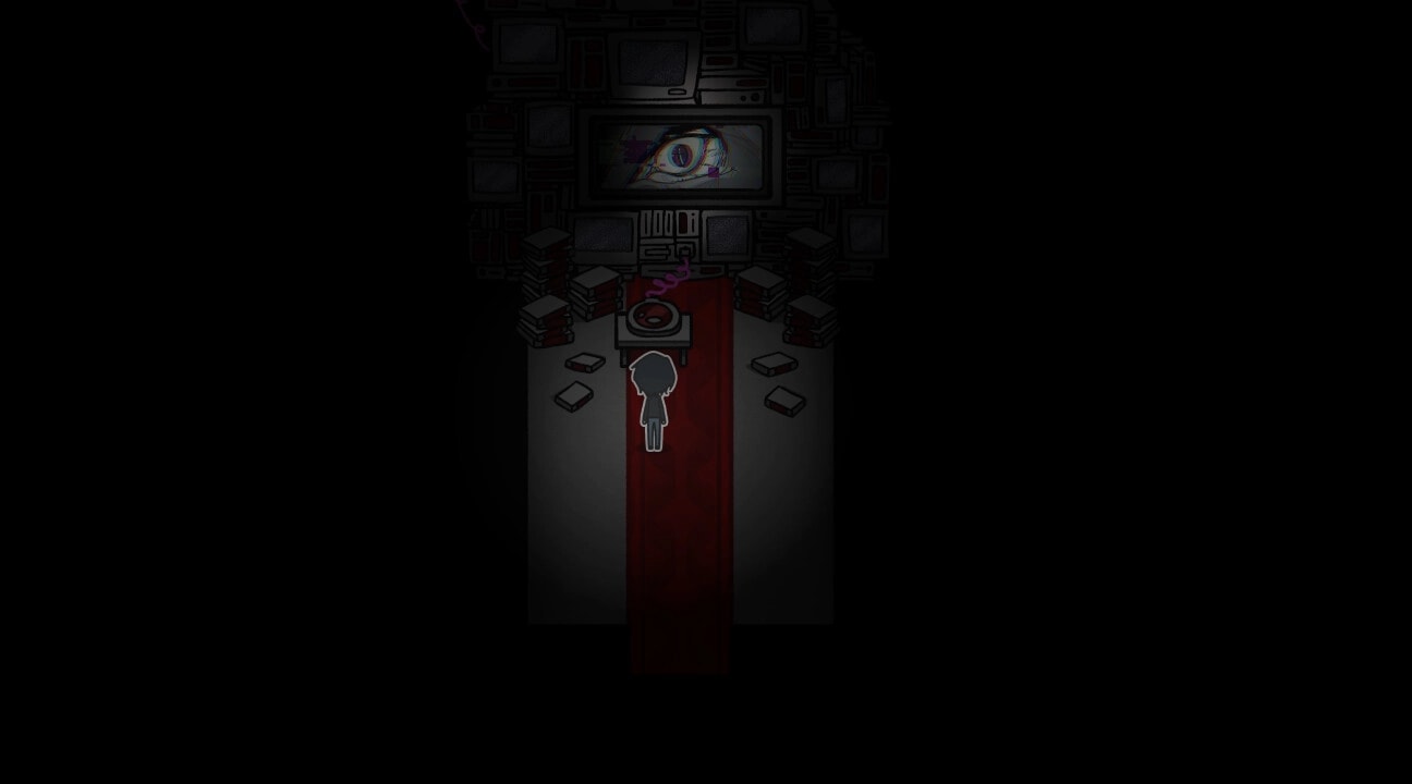 PSYCHExFUSE: Character approaches giant eye on screen in dark room filled with monitors and books.