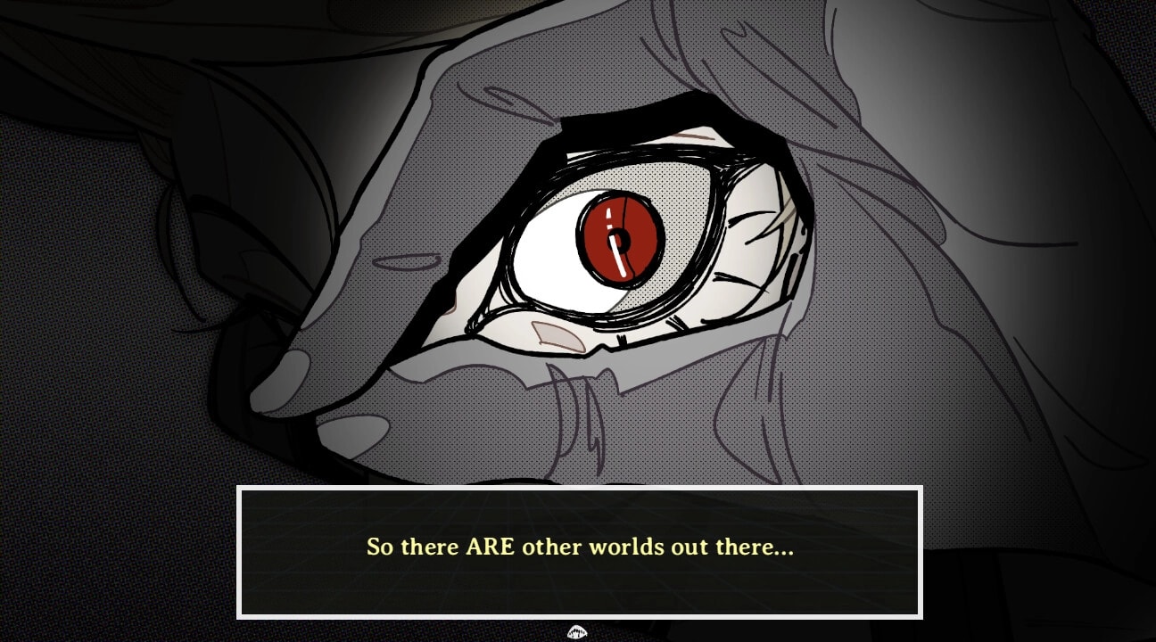 PSYCHExFUSE: Close-up of red eye with hand, mysterious dialogue overlay at bottom in dark setting