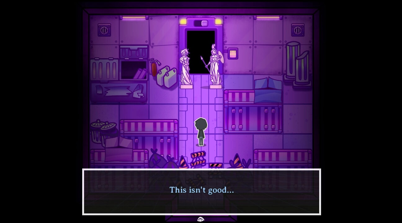 PSYCHExFUSE: Character in purple-lit room with statues, bunk beds, and a dialogue box saying "This isn't good..."