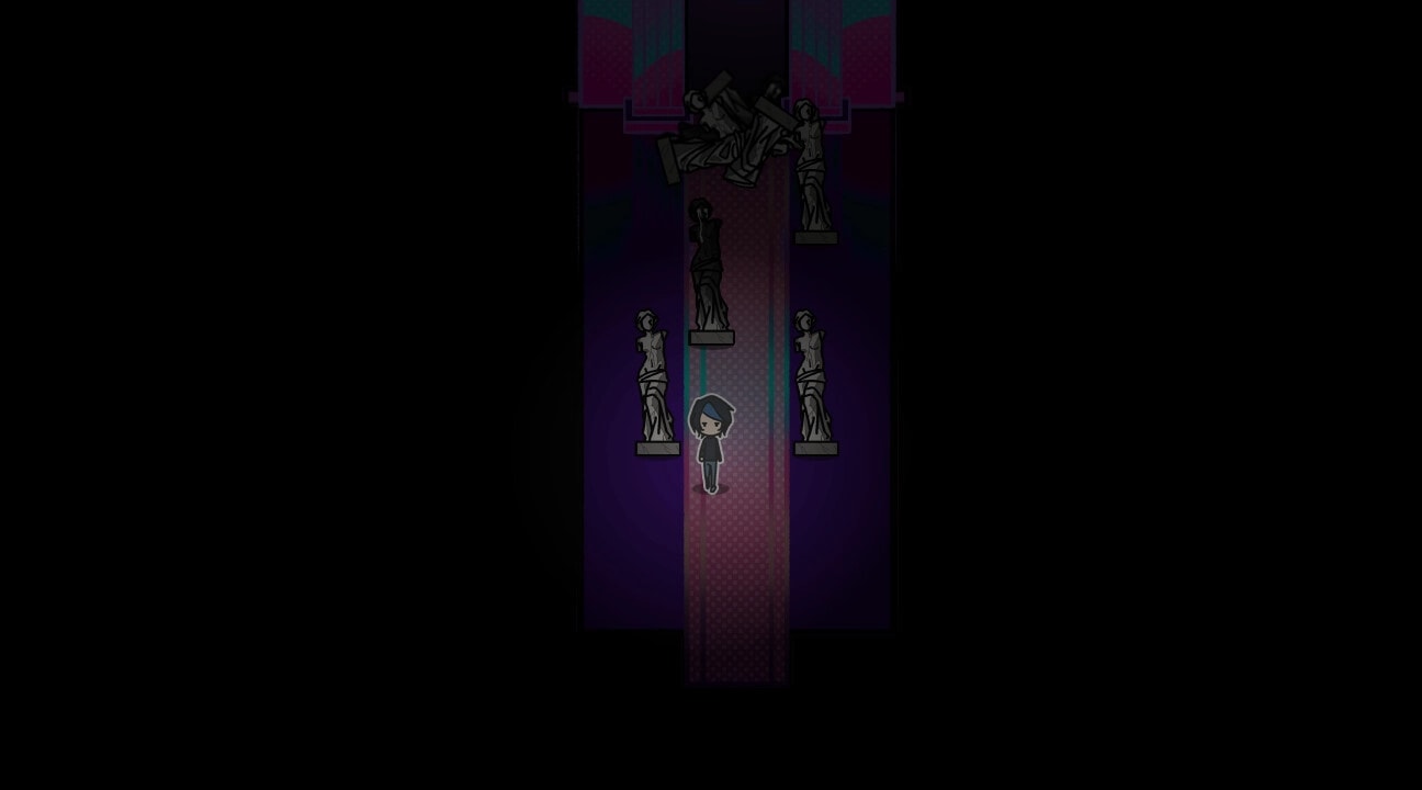 PSYCHExFUSE: Character stands on dimly lit pathway surrounded by statues in shadowy hall environment.