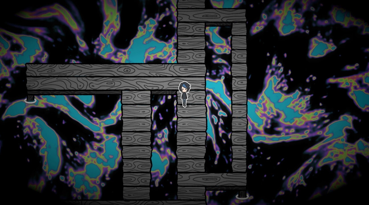 PSYCHExFUSE: Character on wooden path in surreal, colorful void environment with swirling patterns