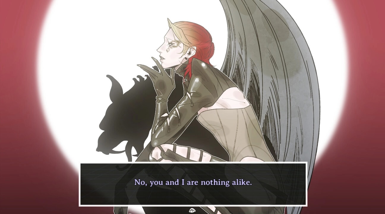 PSYCHExFUSE: Character with red hair and wings contemplates, dialogue box stating, "No, you and I are nothing alike."