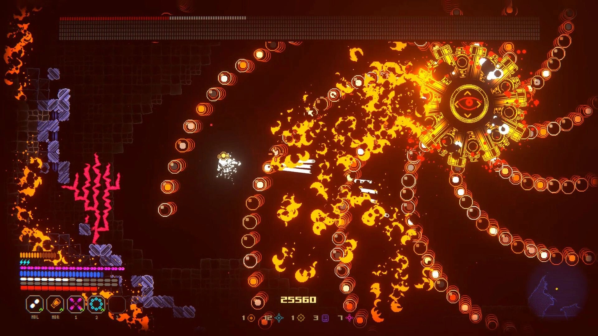 PUNK: Tiny ship dodges swirling bullet rings and explosions near giant eye boss in fiery cavern arena.