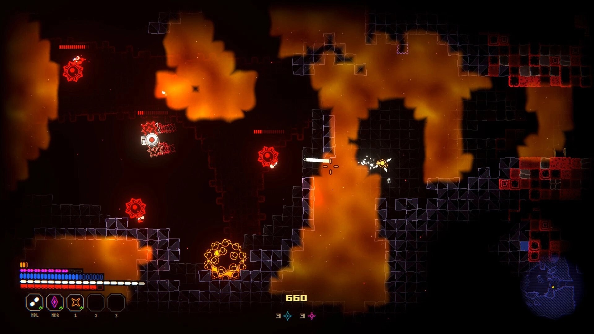 PUNK: Tiny ship fires white shots at red saw drones in a smoky orange cavern with HUD and minimap.
