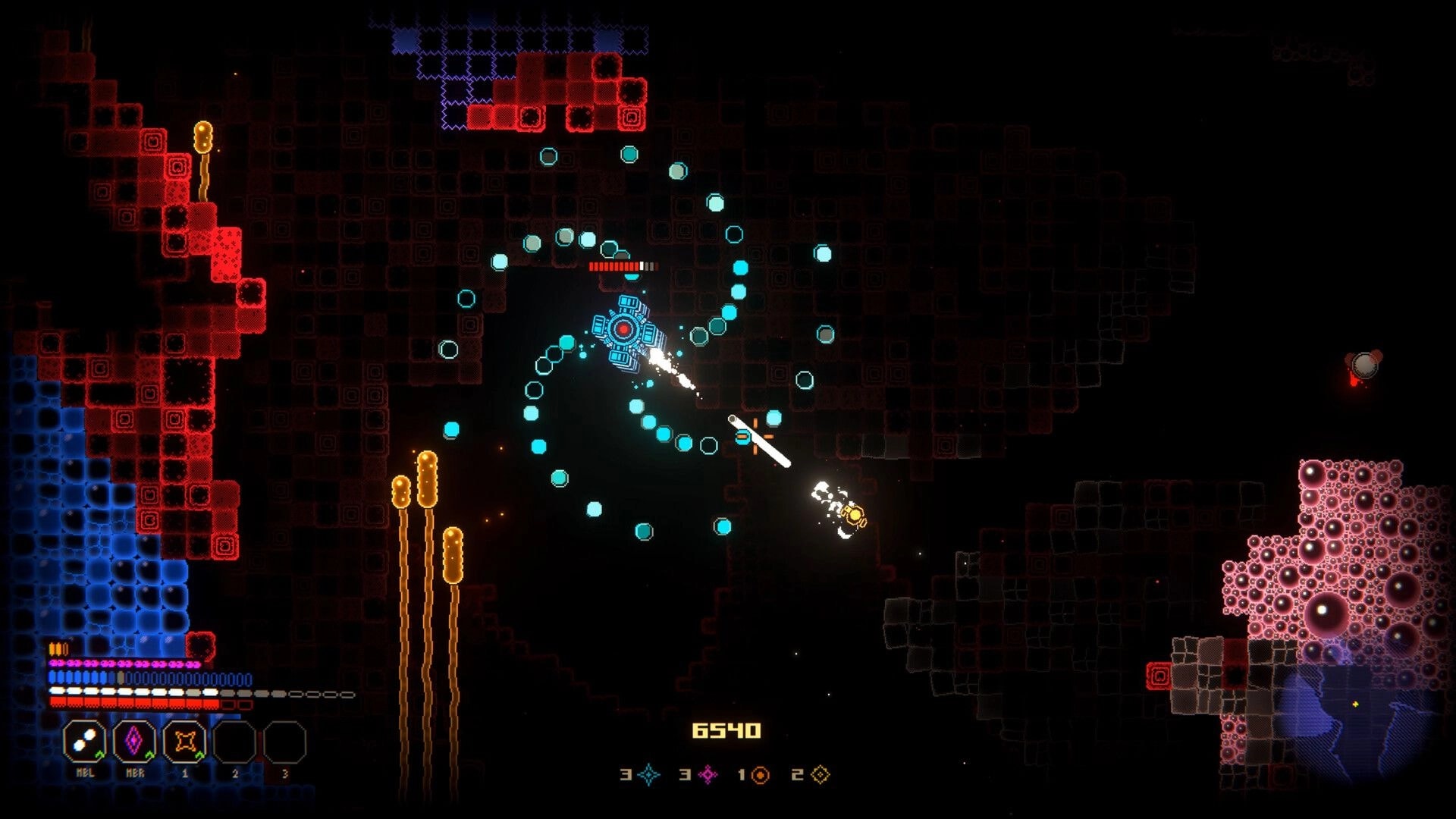 PUNK: Blue ship dodges spiraling bullets in dark neon caverns, HUD bars and score 6540 visible.