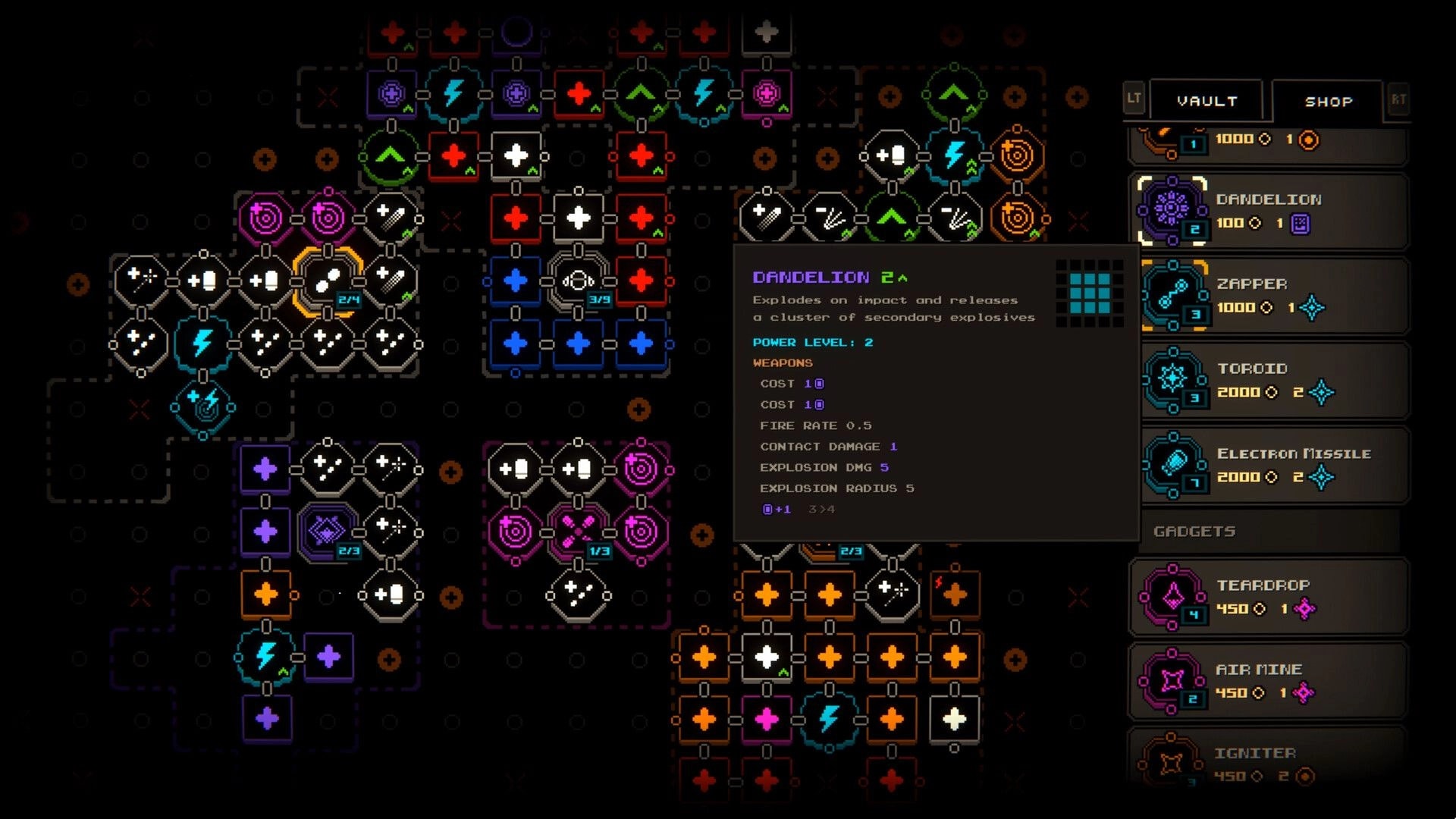 PUNK: Upgrade grid and shop menu with Dandelion weapon stats popup on a dark node map.