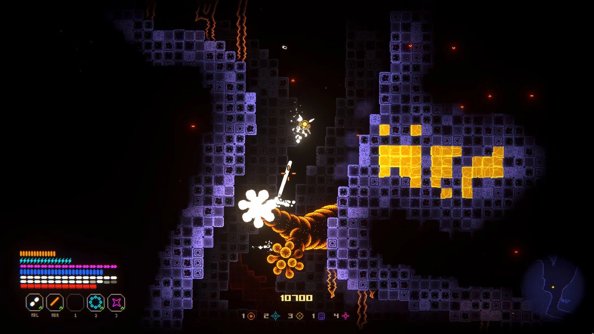 PUNK: Tiny ship fires at a glowing worm boss in a purple cave corridor, HUD bars and items visible.