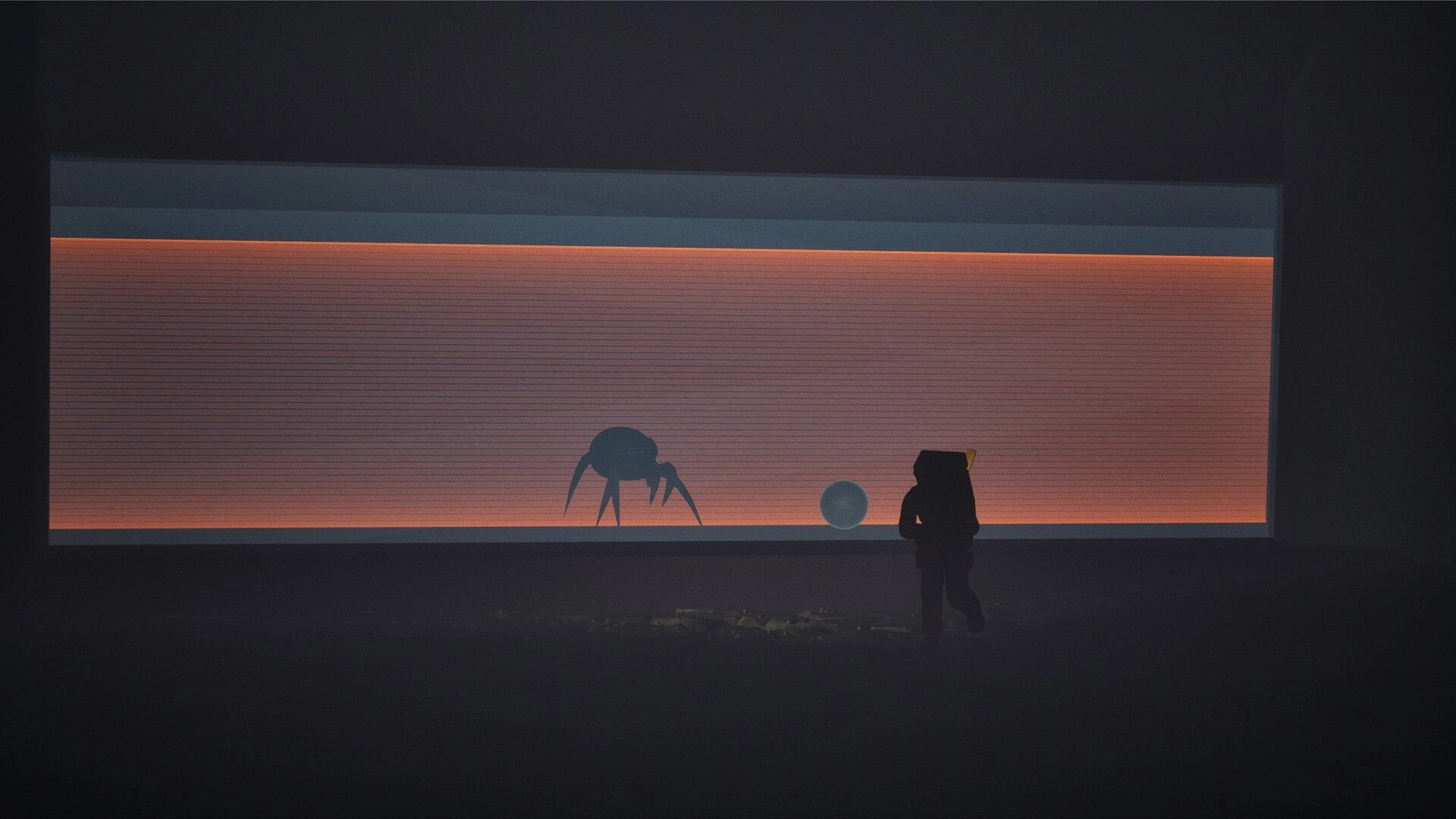 Puzzle Parasite: Silhouette of explorer and alien creature in dimly lit underground chamber with glowing wall.