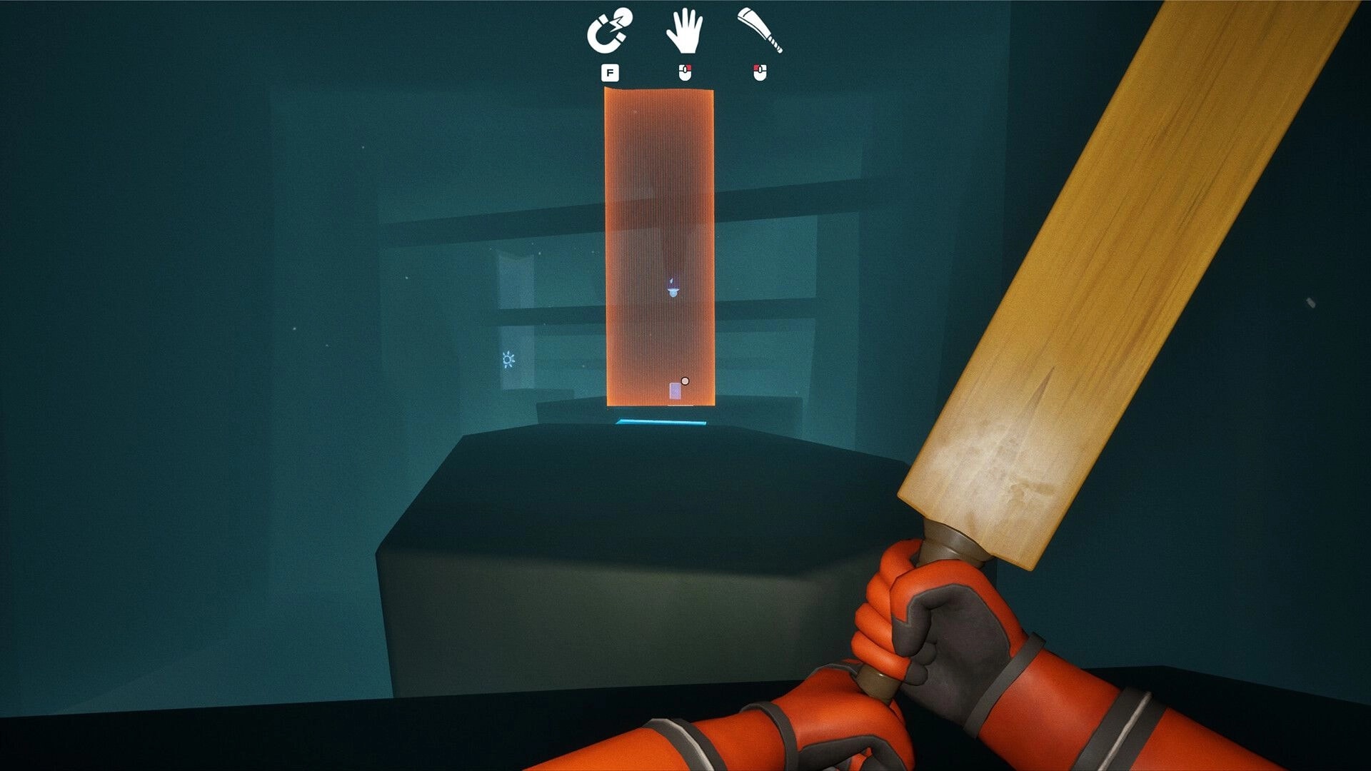 Puzzle Parasite: First-person view holding bat in dimly lit ruins with highlighted interactive panel