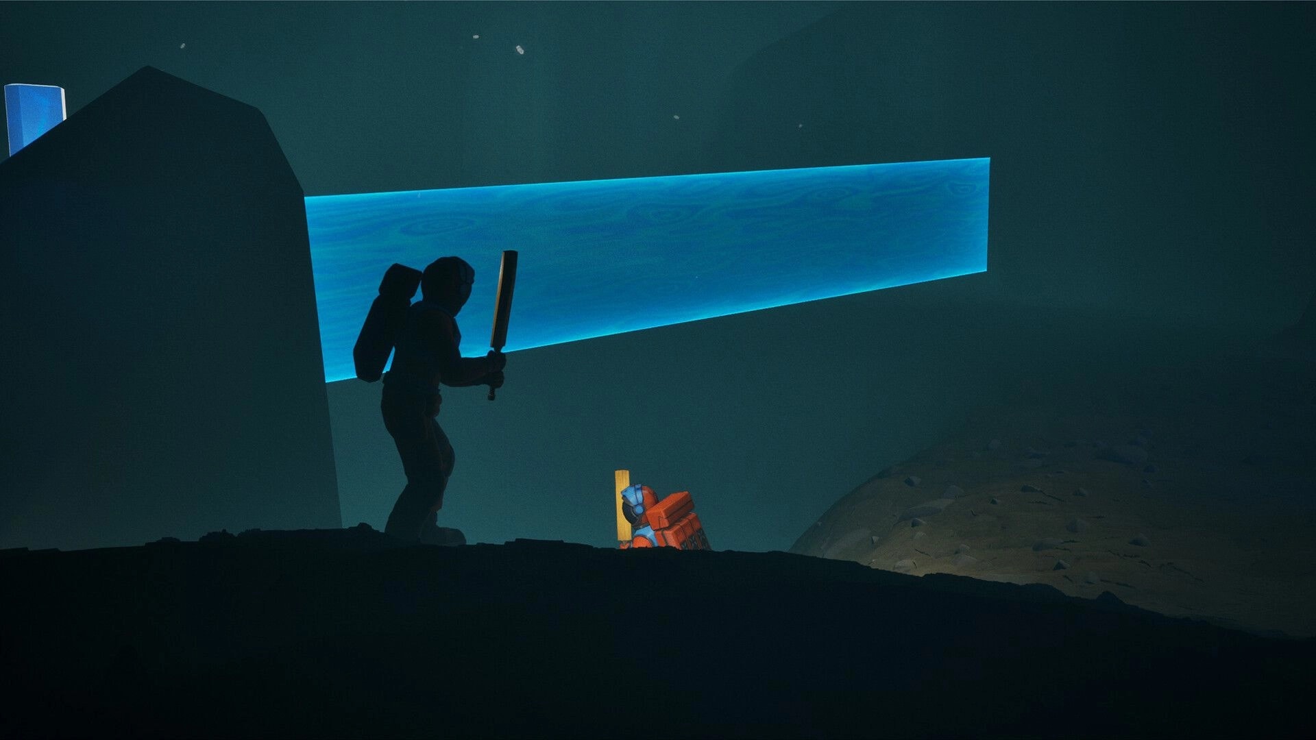 Puzzle Parasite: Silhouetted explorer holds baton under glowing blue beam in dark alien cave