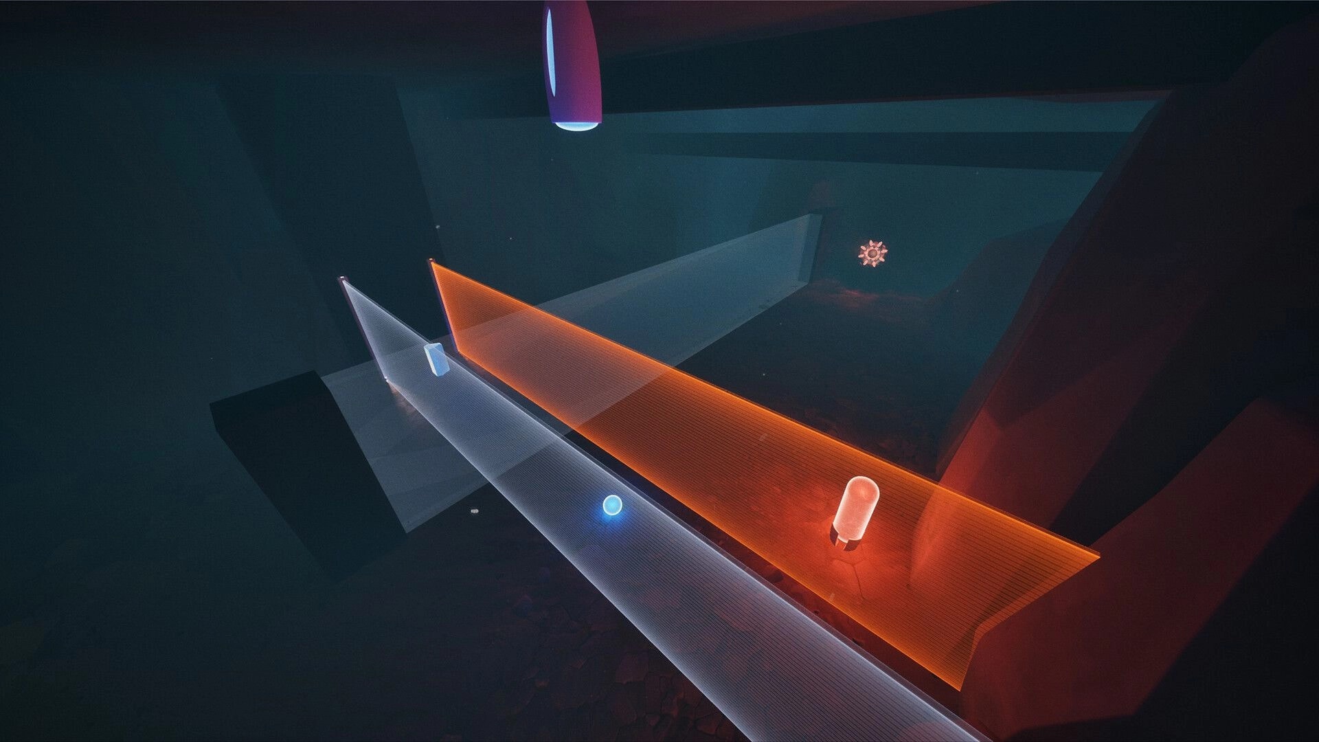 Puzzle Parasite: Energy barriers and glowing capsules in dark alien cavern setting