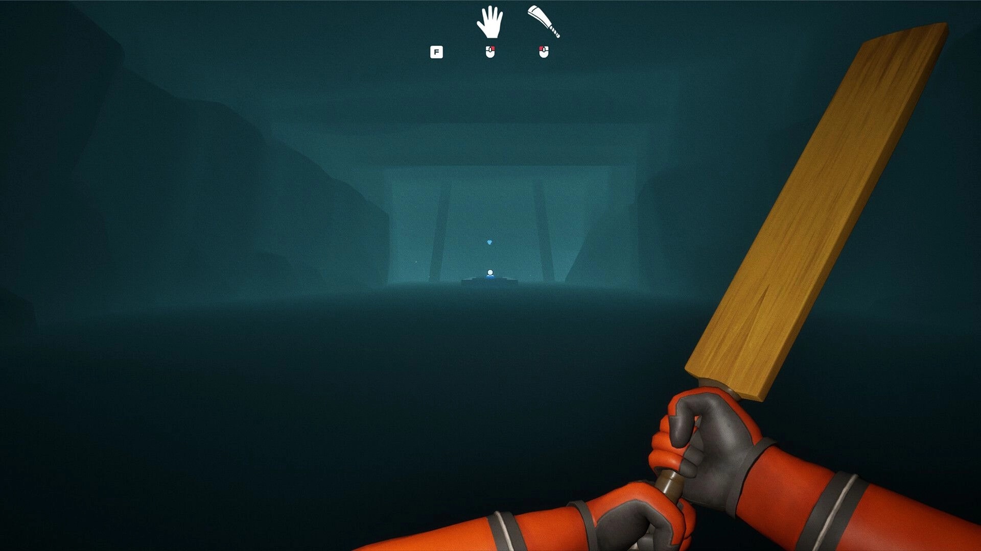 Puzzle Parasite: Player wields wooden bat exploring dark alien tunnel with control icons above