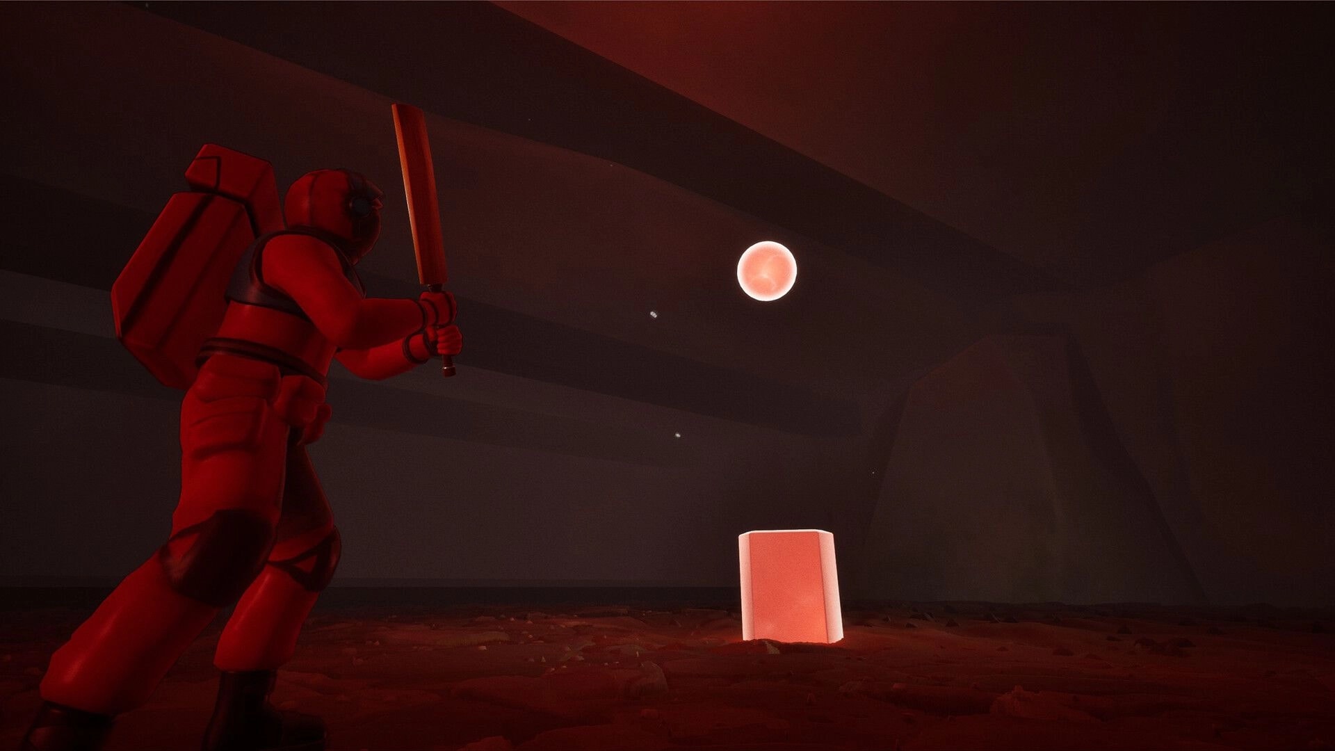 Puzzle Parasite: Character with bat approaches glowing orb in dimly lit alien cavern environment