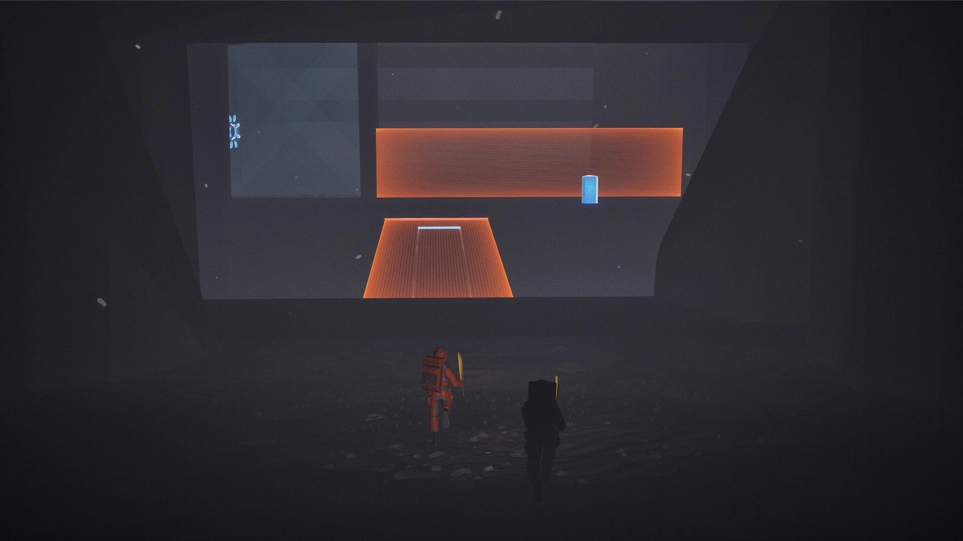 Puzzle Parasite: Two explorers navigate dark cavern towards glowing orange puzzle interface on wall
